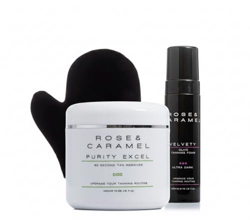 Rose & Caramel Purity Excel 60 Second Tan Remover, Intensity Ultra Dark Tanning Mousse & Deluxe Tanning Mitt