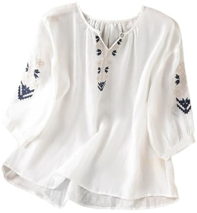 Generico Maglietta Lino Donna Manica 5/7 con Ricami Pesanti Scollo Rotondo Stile Etnico Estiva Traspirante Top Blusa Camicie Donna