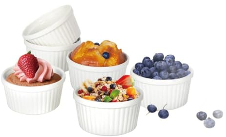 LIVELLO Stromboli Creme Brulee Schälchen, Ramekin Förmchen Set 6er, 180 ml – Runde Soufflé Förmchen aus Porzellan, Hitzebeständig bis 240°C, Ofenfest, Weiße Auflaufförmchen