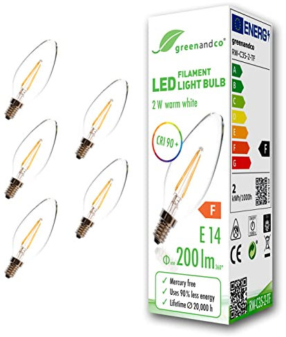 greenandco 5x CRI90+ Glühfaden LED Lampe | klar | ersetzt 20 Watt E14 Kerze | 2W 200 Lumen | 2700K warmweiß | Filament Fadenlampe | 360° 230V AC | nicht dimmbar | flimmerfrei | 2 Jahre Garantie