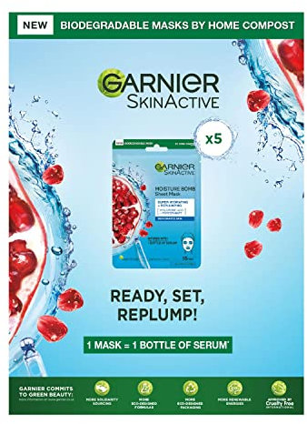 Garnier SkinActive Moisturising Tissue Mask, Moisturising and Firming, Pomegranate + Hyaluronic Acid, For Dehydrated Skin, Set of 5