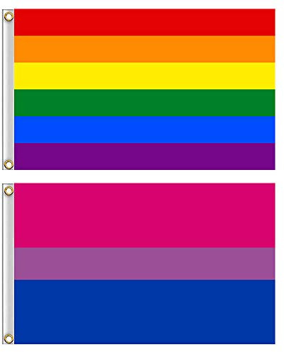 Shmbada Regenbogenflagge und Bisexueller Stolzfahne mit Messingösen, Premium-Polyester, lebendige Farben, kein Verblassen, für Innen- Außenbereich, LGBT-Banner Stolz, Gay/Lesben, 90 x 150 cm, 2 Stück