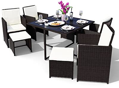 Swing & Harmonie Sitzgruppe Garten - Rattanmöbel Outdoor - Robuste Gartenmöbel - Hochwertige Gartengarnitur - Garten-Essgruppe - Outdoormöbel - Esstisch (9-Teilig, schwarz)