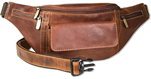 Grosse Bauchtasche Vorne mit einem Druckknopf-Außenfach Rindsleder Multicolor/Cognac