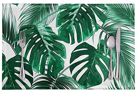 Pizding Tropical Style Palm Leaf Design Placemats, Stain Resistant Anti-Skid Easy to Dry PVC Table Mats Kitchen Place Mats, Set of 6 for Picnics Rural Brunches Everyday Use