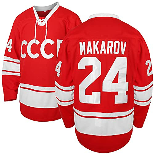 Vladislav Tretiak #20 Sergei Makarov #24 1980 UdSSR CCCP Russisches Hockey-Trikot, Rot, 24 Rot, XX-Large