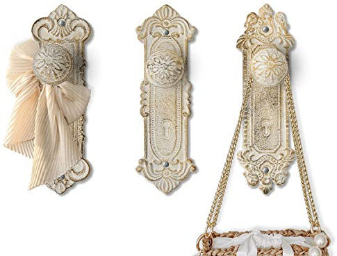 Set di 3 Ganci da Parete in Ghisa Stile Shabby Chic - Colore Bianco Rustico - Viti e Tasselli Inclusi - Ganci Antichi per Appendere i Vestiti