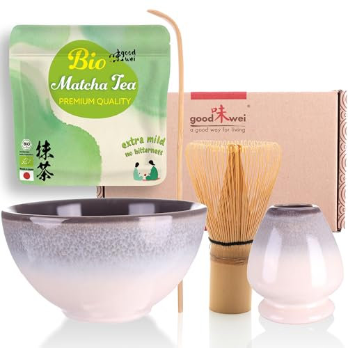 Goodwei Matcha Kit Thé Matcha BIO Japonais avec Fouet Bambou, Bol de Cérémonie en Céramique et support à fouet | Coffret cadeau (Kiri)