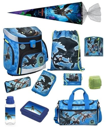 Familando Scooli Schulranzen-Set 15 TLG. Dragons - Drachenreiter von Berg - mit Federmappe, Sporttasche, Schultüte 85cm und Regenschutz Drache Ohnezahn