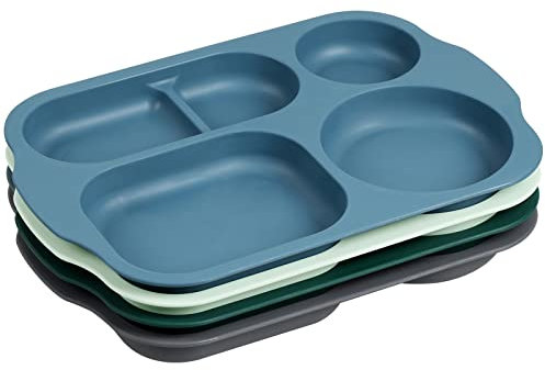 Greentainer Assiette Divisée 4 PCS Menu Assiettes, 5 Compartiments 28cm PP Service de Table, Séparateurs Incassables pour Enfants et Adultes, Passe au Micro-Ondes et au Lave-Vaisselle, Couleur Foncé