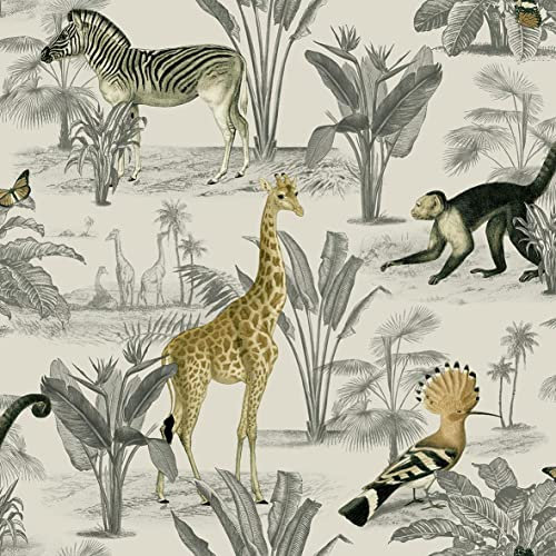 Vintage Zoo Wallpaper Home Animal Print Monkey Butterfly Soft White
