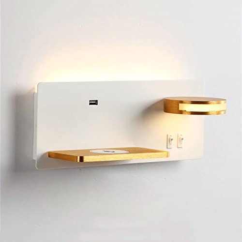 Applique de Chevet LED 11W avec 2 Interrupteurs, Port USB et Chargeur Sans Fil Inclus, Applique Murale Intérieur Blanc Chaud 3000K avec Liseuse 5W Orientable à 360° pour Chambre Salon,White right