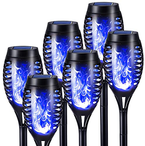 Geemoo Solarleuchten für Außen Garten 6 Stück Solar Fackel Gartenfackeln mit Blaue Realistischer Flammeneffekt, IP65 Wasserdicht Solarlampe für Außen, Hinterhöfe, Gärten, Rasen Halloween Dekoration