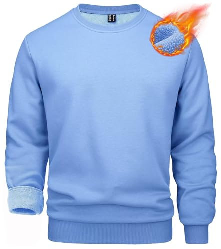 MAGCOMSEN Herren Langarm Fleecepullover Basic Herbst Sweatshirt mit Rundhals Ausschnitt Herren Warm Sportlich Freizeitshirts Gefüttert Essentials T-Shirts Hellblau XXL