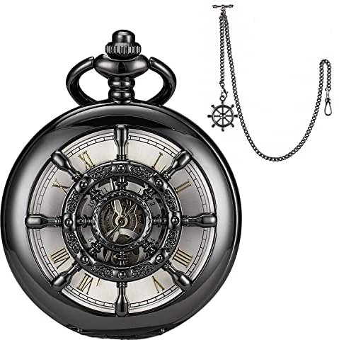 SIBOSUN Mechanische Taschenuhr für Herren, antike Taschenuhr mit Kette, Steampunk-Skelett, Herren-Taschenuhren mit Geschenkbox, 63 Stk. Ruder, Schwarz & Gold, Retro