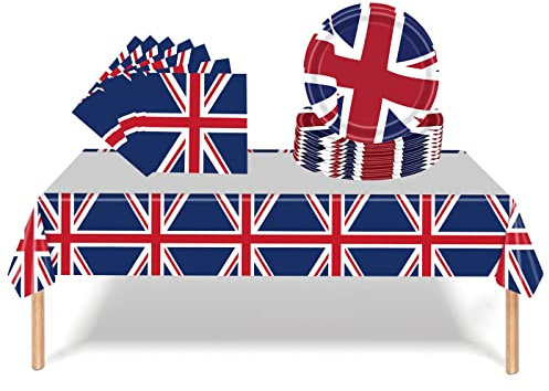 Union Jack Party Tableware Kit,1P VJ Day Tablecloth 20P Paper Napkins and 16P VJ Day Plates for VJDay 80th Anniversary Party,UK Flag Dinnerware for Celebrate 80 Years Victory in Europe Table Decor