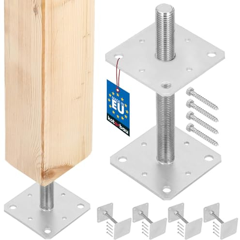 KOTARBAU® 4 pces. Support de Poteau - Acier Galvanisé - 160 x 160 x 250 mm - M24 - Argent - Pied Réglable - Support Poteau Bois - Fixation Robuste Extérieur Intérieur