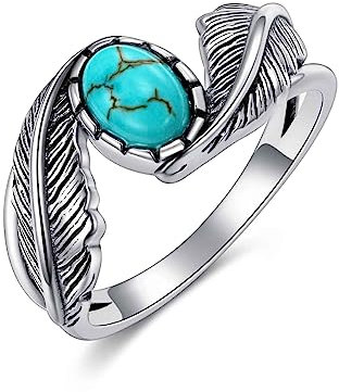 BETHZA Feather Turquoise Ring Unisex 925 Sterling Silver Genuine Blue Turquoise Ring for Women Men Vintage Feather Ring Western Turquoise Rings Birthstone Gift for Birthday Mother's Day Christmas(9#)