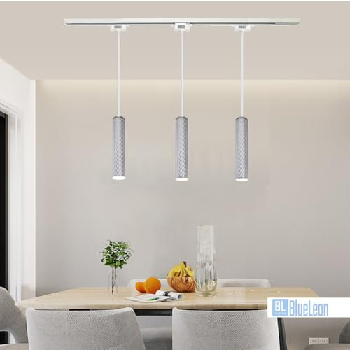 BlueLeon Schienensystem BL-2WT Komplettset, Lampen, Deckenstrahler, Spotlight, Deckenspot, Strahler, LED Spot mit 3x GU10-Hängeleuchte und 1m Schiene, erweiterbar, Aluminium (Silber Steifen)