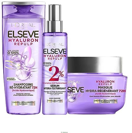 L'OREAL PARIS L'Oréal Paris - Rutina de cuidado capilar para cabello deshidratado – Hidratación 72H – con ácido hialurónico – 3 productos – Champú, suero y máscara – Elseve Hyaluron Repulp