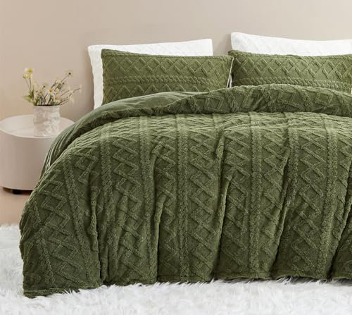 AShanlan Flanell Bettwäsche 135x200 Grün Olivgrün Winter Warme Flauschig Biber Bettbezug 2 Teilig Superweich Fleece Samt Deckenbezug mit Reißverschluss und Kissenbezug 80x80 cm