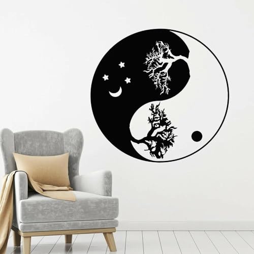 YOUSHIHUI Baum des Lebens Wandtattoo Yin Yang Fensteraufkleber Rundbaum Zen Tag & Nacht Wandbild Mond & Sonne Tapete 57x57cm