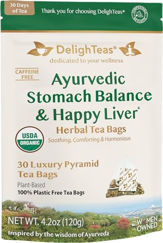 DelighTeas Ayurvedic Herbal Stomach & Liver Tea Bags | Eco-Friendly, Compostable Pyramids | Organic Milk Thistle, Fennel, Ginger, Peppermint & Licorice | Caffeine-Free, Kosher | 30 Tea Bags 4g Each