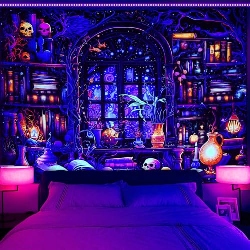 Invoibler Schwarzlicht-Bücherregal-Wandteppich, UV-reaktiv, magische Bücher, Wandteppich, Fantasie-Sterne, Galaxie, Gothic-Totenkopf-Wandbehang für Schlafzimmer, Wohnheim, Heimdekoration (130 x 150
