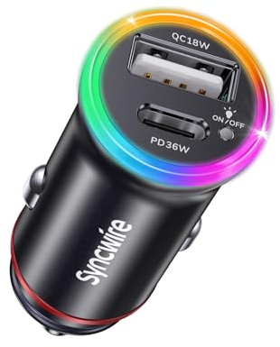 Syncwire Zigarettenanzünder USB 54W 2-Port [PD36W+QC18W] [Regenbogenlichtschalter] [Metallgehäuse] Auto Ladegerät für iPhone 17 16 15 14 13, Galaxy S25 S24 S23