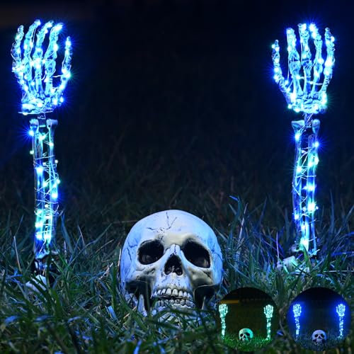 Maxee Halloween Leuchtende Skelett Totenkopf Set, 1 Totenkopf und 2 Schädel Hände mit 2 Grüne LED-Lichterketten (3 Modi), 2 Blau LED-Lichterketten (3 Modi), Halloween Deko für Draußen Garten
