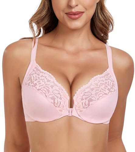 Lemorosy - Women's Lace Full Cup Bra with Front Closure Plus Size Beautiful Back, pink, 38G