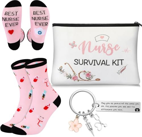 Weewooday Set di Regalo di Ringraziamento per Infermiera Calzini Portachiavi Borsa per Cosmetici per Donna Nurse Survival Kit Regalo di Ringraziamento per Natale Giornata degli Infermieri