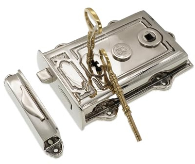 Infinity Decor Solid Brass Davenport Rim Lock in Polished Nickel Finish Lock Latch Security for External Shed Doors Gates