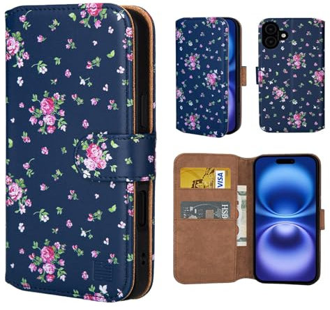32nd Floral Series 3.0 - Design PU Leather Book Wallet Case Cover for iPhone 16 (6.1), Flip Case With RFID Blocking Card Slots, Magnetic Closure and Built In Stand - Vintage Rose Indigo