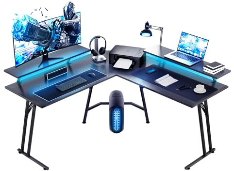 HLFURNIEU LED Bureau Gaming d'angle 130 x 130 cm, Bureau Gamer Ergonomique en Forme de L, Table Gaming avec Support de Moniteur, Surface en Fibre de Carbone, Facile à Sssembler, Noir