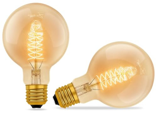 E27 Vintage Edison Light Bulbs Dimmable, Amber Glass Warm White 2700K, 600 Lumen, ES Edison Screw, G80 Globe Vintage Bulb, Spiral Filament Bulbs, Retro Decorative for Ceiling, Chandelier, 2 Pack