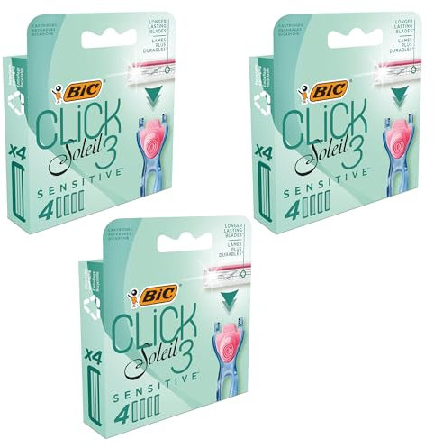 BIC Click 3 Soleil Sensitive Damen Rasierer-Nachfüllpackung, 4 Patronen, Kunststoff-Rasierer-Nachfüllpackung mit 3 Klingen, Gleitstreifen mit Aloe Vera und Vitamin E Rasierer-Nachfüllungen für glatte