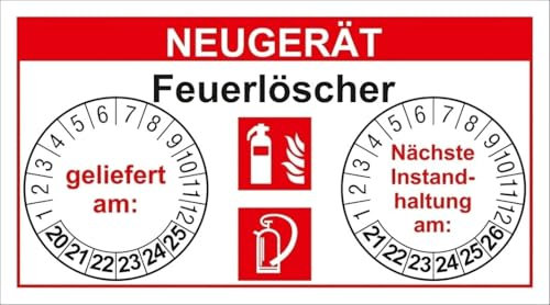 Prüfaufkleber Prüfnachweis „Neugerät Feuerlöscher“ Brandschutz Kennzeichnung Symbole nach ISO 7010 (F001) & BGV A8 (F05) | 90 x 50 mm Made in Germany, Größe: 1 Stück