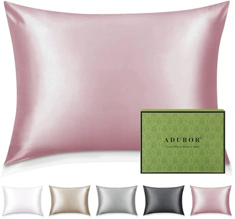 Adubor 100% Seidenkissenbezug 40x80cm für Haar und Haut mit Reißverschluss | 22 Momme Seide, Fadenzahl 900, mit verstecktem Reißverschluss, beide Seiten, Mittelrosa, 1 Stück