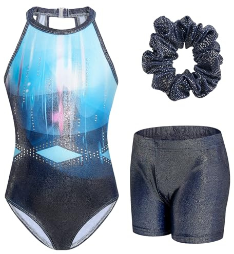JiAmy Justaucorps de gymnastique pour filles avec short - Ensemble avec fermoir au dos - Vêtement de sport athlétique - Tenue de gymnastique pour enfants de 3 à 12 ans, bleu marine, 11-12 ans