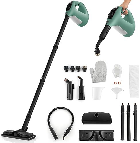 GOPLUS Nettoyeur Vapeur à Main 1400 W, Réservoir 400 ml & Verrouillage de Sécurité, Température 125 °C, Nettoyeur à Vapeur Portable avec 14 Accessoires pour Maison, Voiture (Vert)