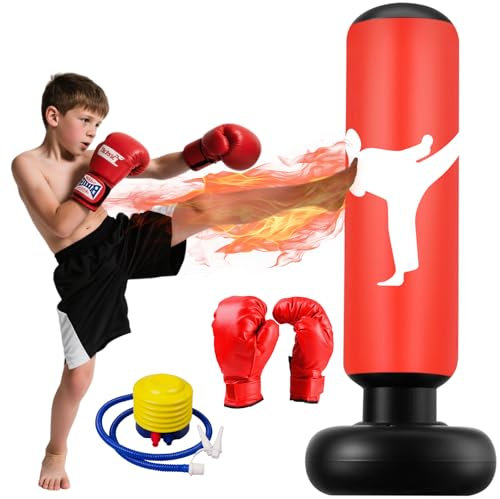 Sac de Frappe Enfant, 160cm Sac de Boxe avec Gants et Pompe, Gonflable Punching Ball Enfants pour Taekwondo Karaté, 3-12 Ans Cadeaux pour GarçOns et Filles Set de Boxe pour Bureau,Gym