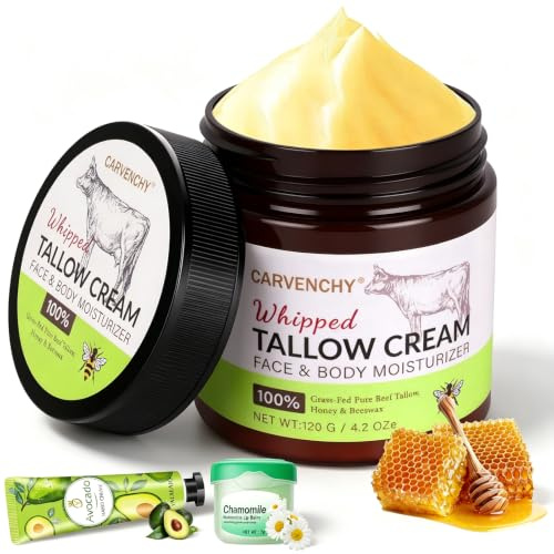 Whipped Tallow Cream für Gesicht & Körper - 100% Grasgefüttertes Rindertalg, Natürlicher Honig & Bienenwachs Feuchtigkeitscreme, Tiefe Hydratation & Pflege, Öl- und Duftfrei, Schnell Absorbierend