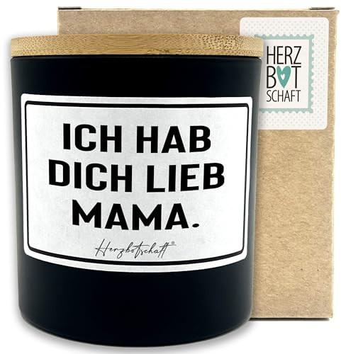 HERZBOTSCHAFT Duftkerze mit Spruch – Ich hab Dich lieb Mama. – Geschenk für Mama, Muttertag, handgemachte Sojakerze im Glas, nachhaltig, optional mit personalisiertem Bambusdeckel