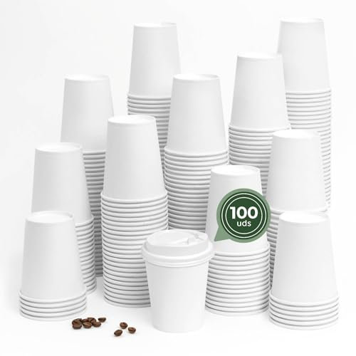 Maxi Products - 100 Vasos Cartón Blanco + Tapa Blanca - 250 cc (8 oz) - Vasos Desechables para Café para Llevar - Reciclables - Apto Alimentos Calientes - TAKE AWAY
