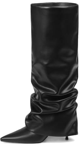 COMFITORIA Womens Knee High Boots, Fold Over Shark Boots Stiletto Heels Slouchy Long Boot Pointed Toe Thigh High Dress Shoes Sexy Fashion Tall Boot for Women with Zipper