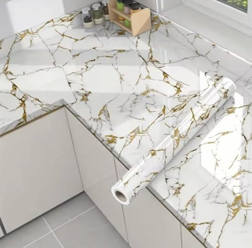 Vinilo Adhesivo Decorativo Efecto Mármol – Papel Autoadhesivo Impermeable para Muebles, Encimeras y Mesas – 60x300 cm – Fácil de Colocar (blanco y amarillo)