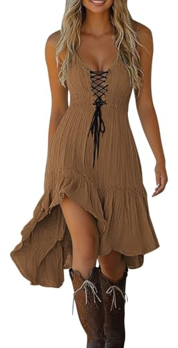 WVONIF Robe Retro à Col en V et Manches Courtes pour Femmes Vintage Western Country Robes Décontractée Robe de Vacances Fête Grande Taille Gothique Jupe Deguisement Hippie Costume de Cowgirl