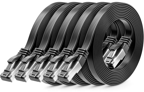 deleyCON 1m CAT 8 Flach Netzwerkkabel RJ45 40 Gbit/s, 5 Stück - Schwarz | Gigabit Ethernet LAN Cable, Kupfer, dünnes Flachkabel Patchkabel lang, RJ45 Stecker für CAT8 CAT7 CAT6