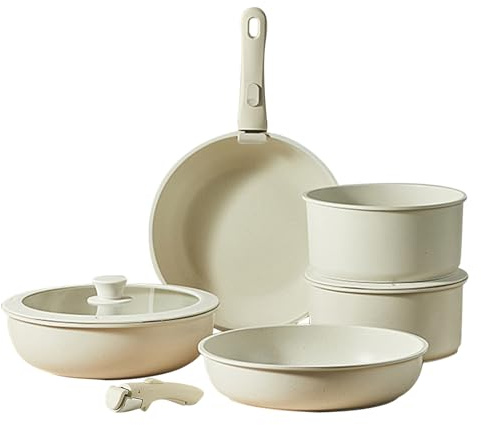 5 Stück Töpfe und Pfannen Set, Antihaft-Creme für weiße abnehmbare